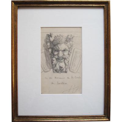 Mascaron (cascade From Trocadero), Pencil Drawing Signed Guéry, After Rodin