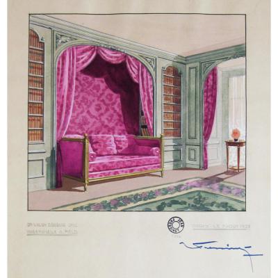 Jean FRESSINET, Salon boudoir de Mlle Field, Gouache Art déco signée,1928