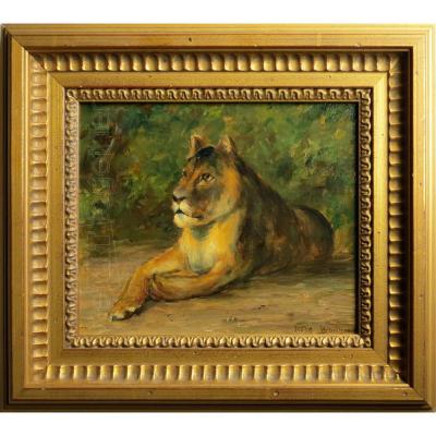 Rosa Bonheur, Lioness At Rest, Oil On Panel Signed