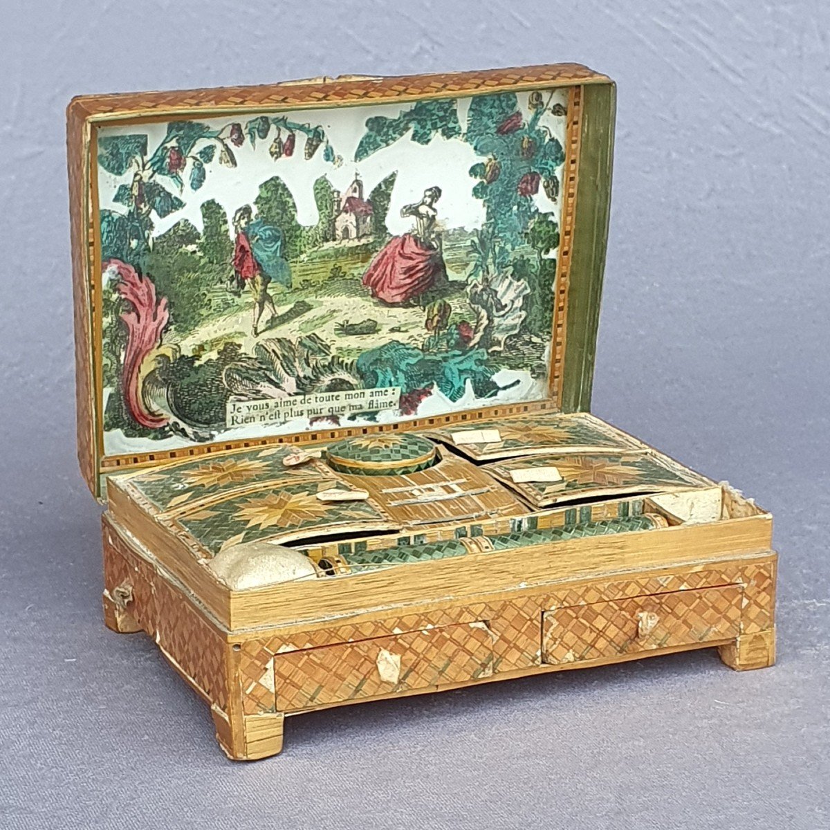 Coffret pour la coiffure en marqueterie de paille, milieu du XVIIIe siècle  "déclaration d'amour"-photo-4
