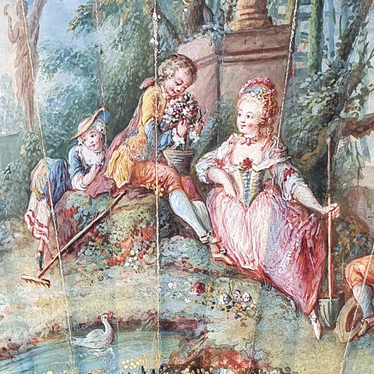 Eventail ancien « Jardinage et galanterie », nacre, gouache sur soie, XVIIIe siècle vers 1780-photo-1