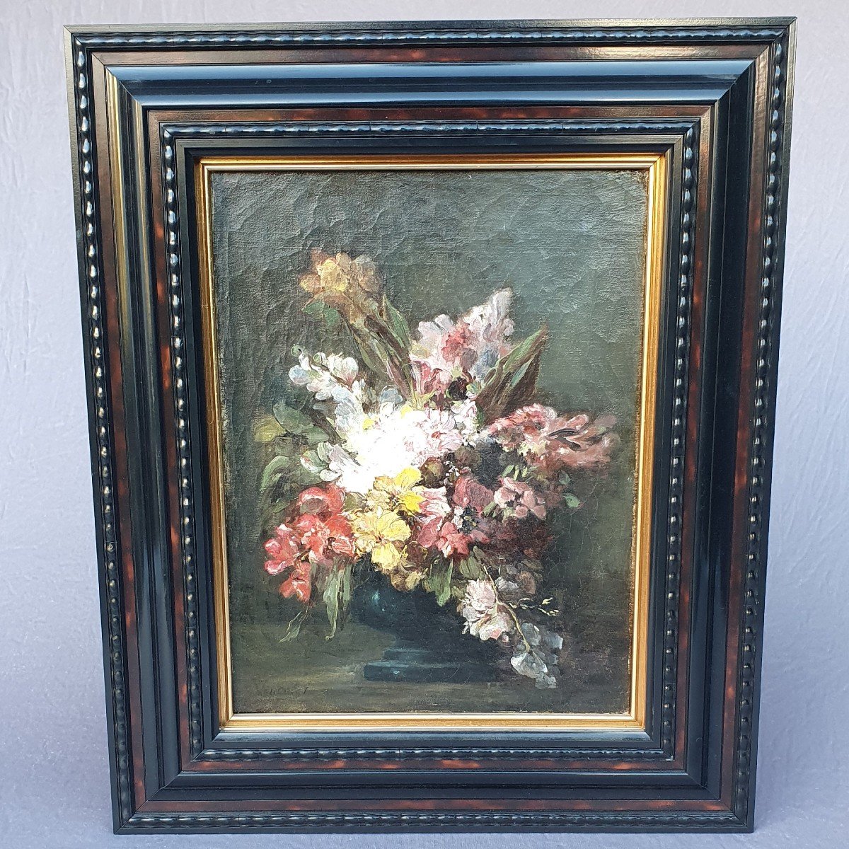 Tableau, nature morte, huile sur toile, bouquet de fleurs, par Victor Vincelet (1839 – 1871)
