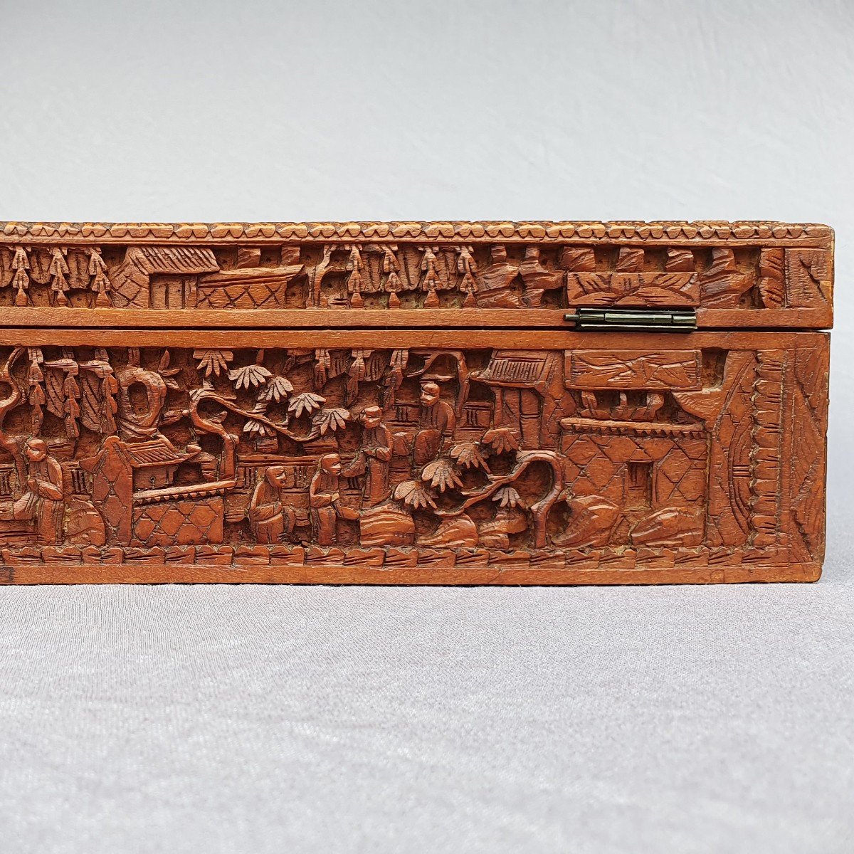 Wooden Box Carved With Pagodas And Characters, China, Canton, 19th Century-photo-4