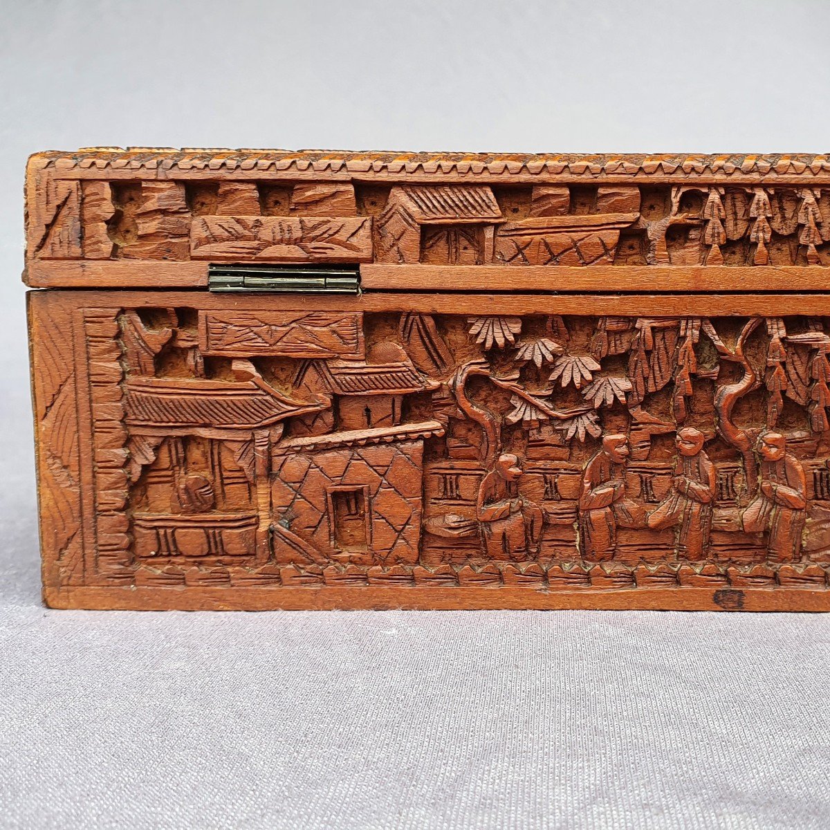 Wooden Box Carved With Pagodas And Characters, China, Canton, 19th Century-photo-1