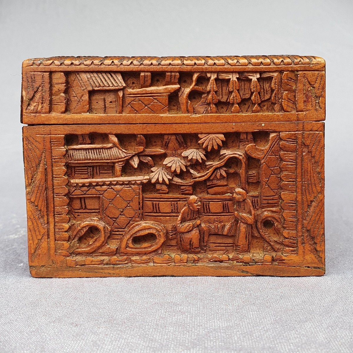 Wooden Box Carved With Pagodas And Characters, China, Canton, 19th Century-photo-2