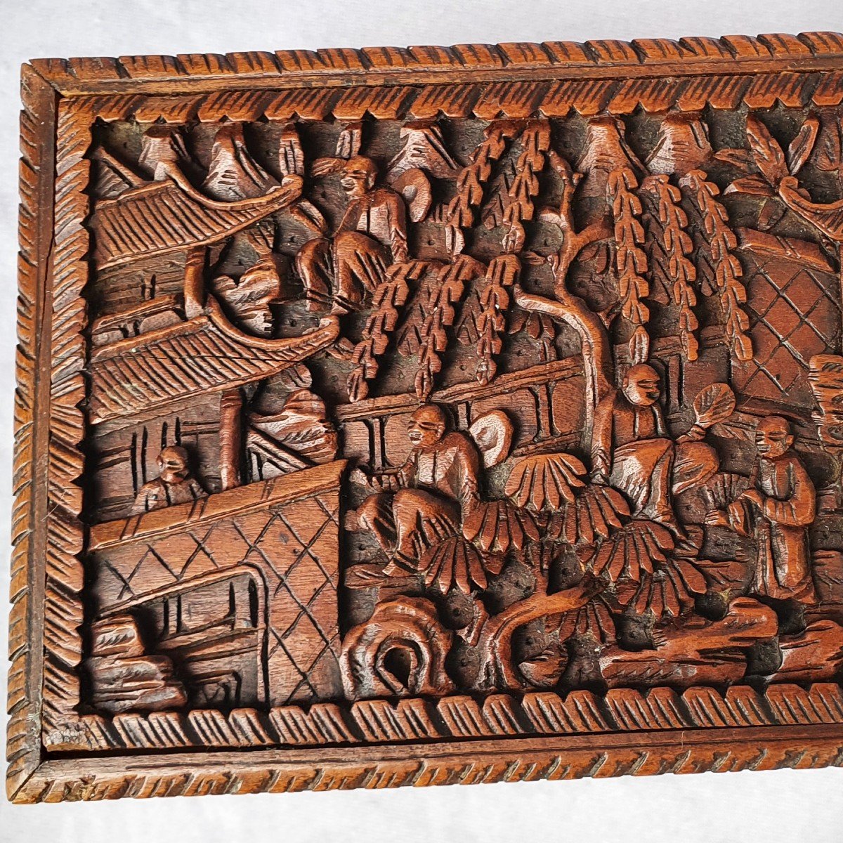 Wooden Box Carved With Pagodas And Characters, China, Canton, 19th Century-photo-3