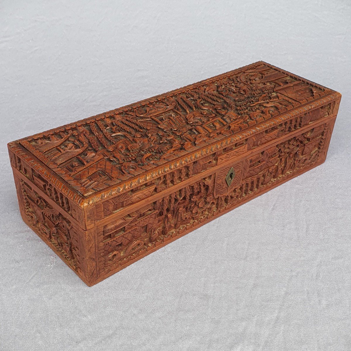 Wooden Box Carved With Pagodas And Characters, China, Canton, 19th Century