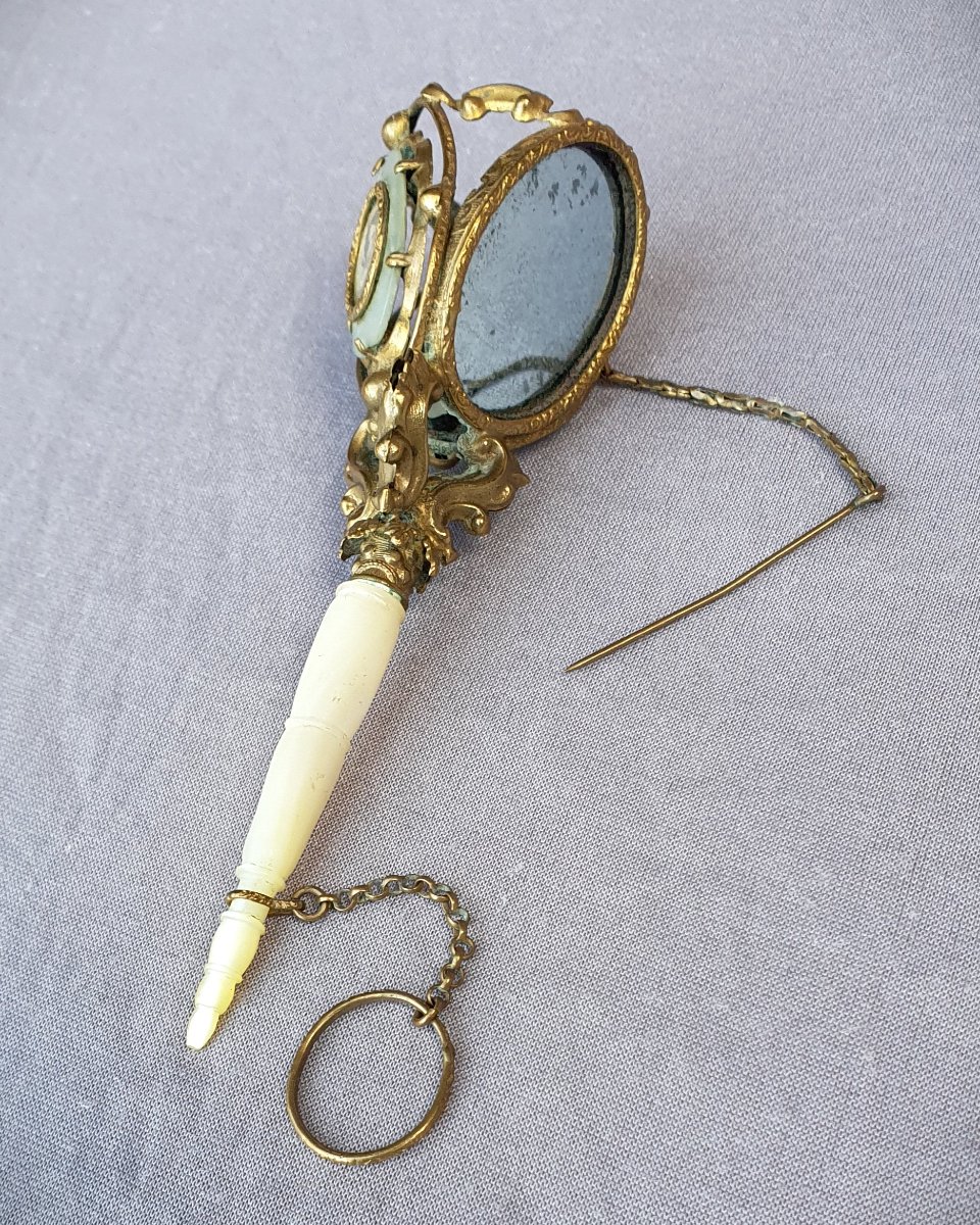 Porte bouquet de bal, époque Napoléon III, manche nacre, miroir -photo-2