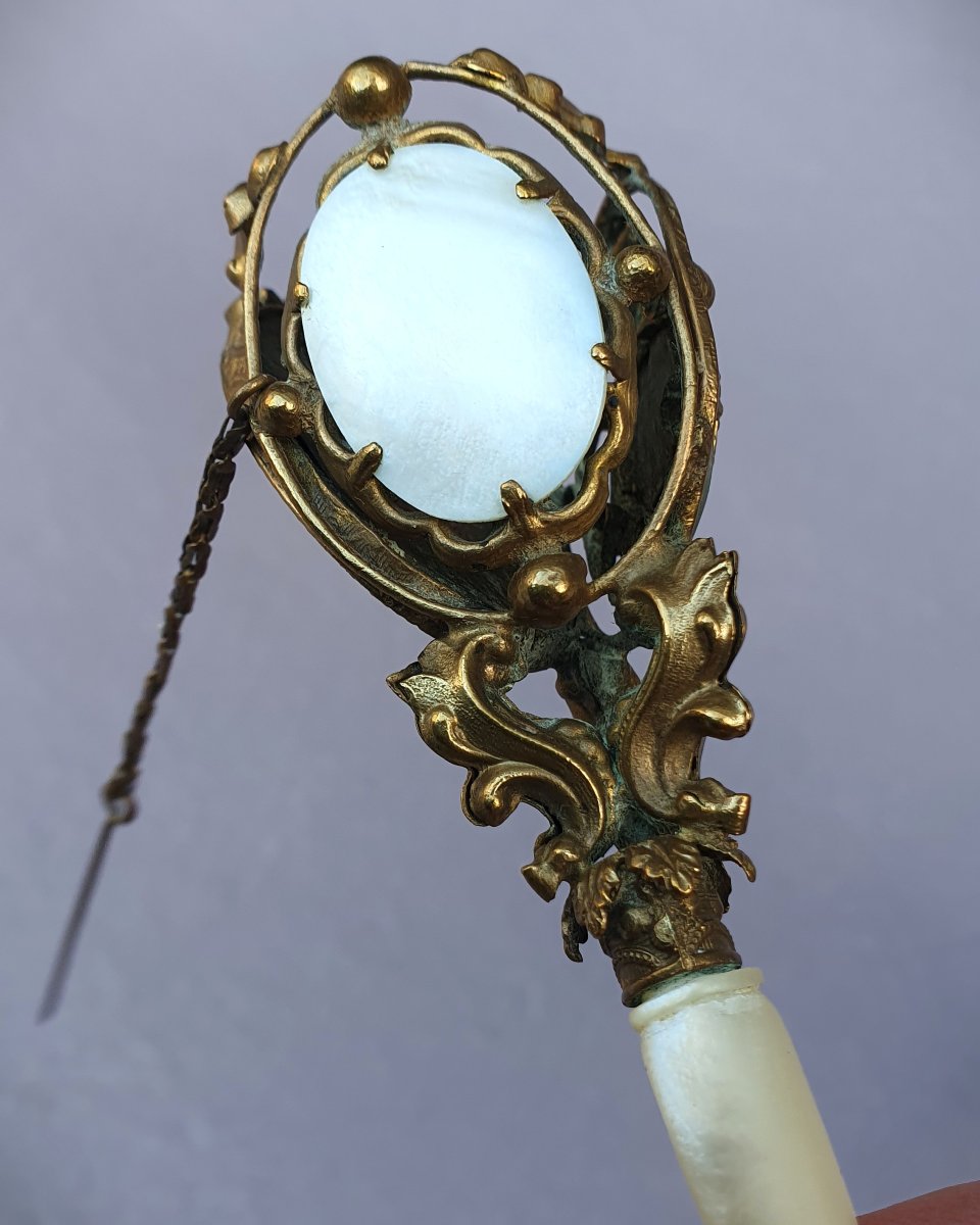 Porte bouquet de bal, époque Napoléon III, manche nacre, miroir -photo-2