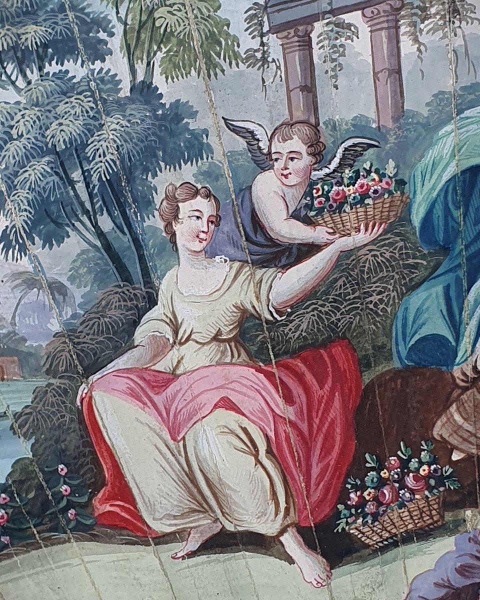 Eventail du 18e siècle, feuille peinte à la gouache et monture en Ivoire (avec CITES)-photo-4