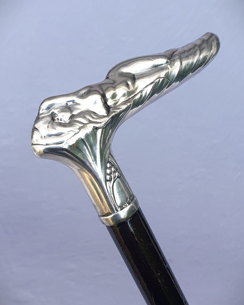 Art Nouveau Cane, Silver Handle, Languid Woman.