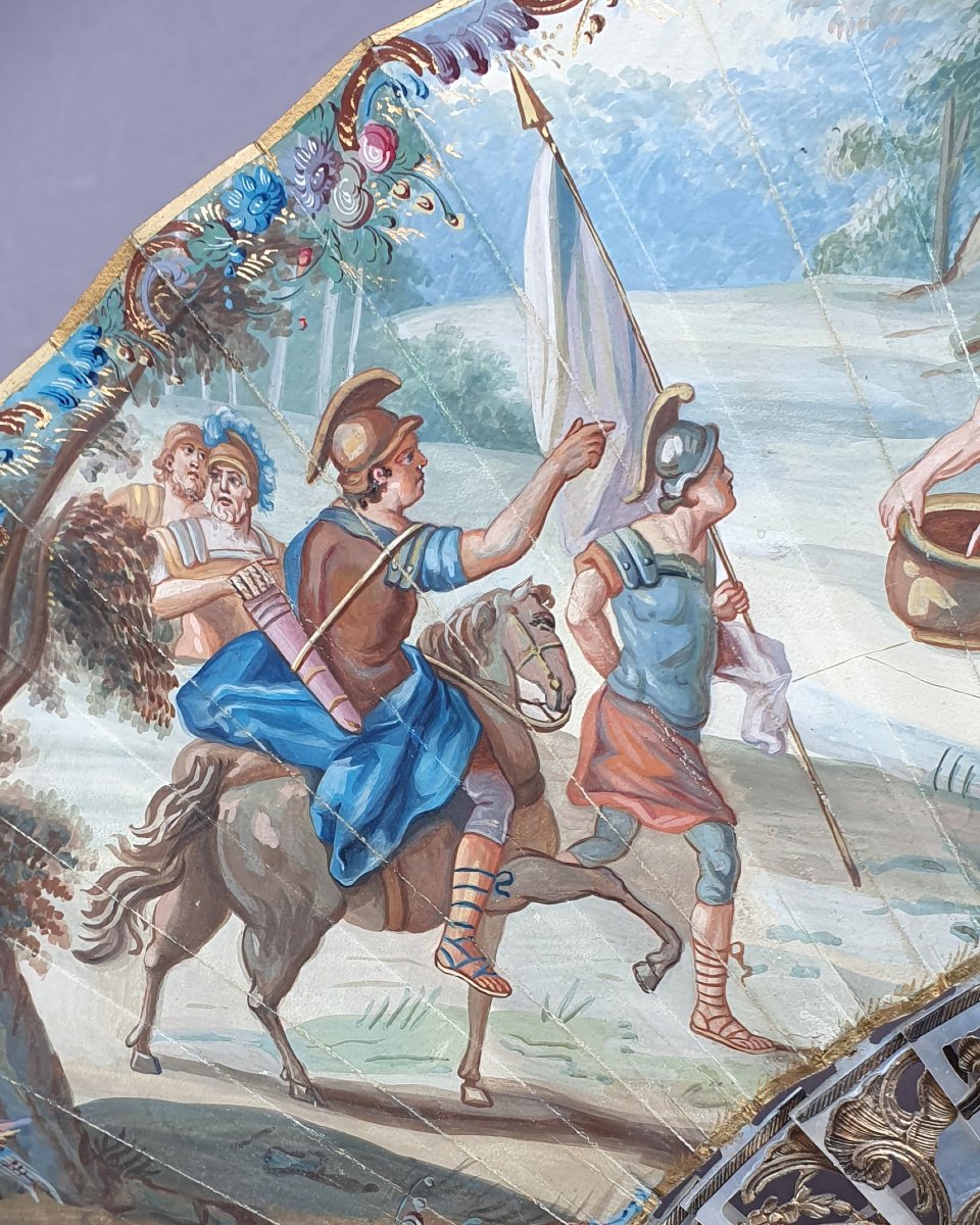 Eventail ancien, époque Louis XV, gouache et nacre, le sacrifice d’Iphigénie-photo-4