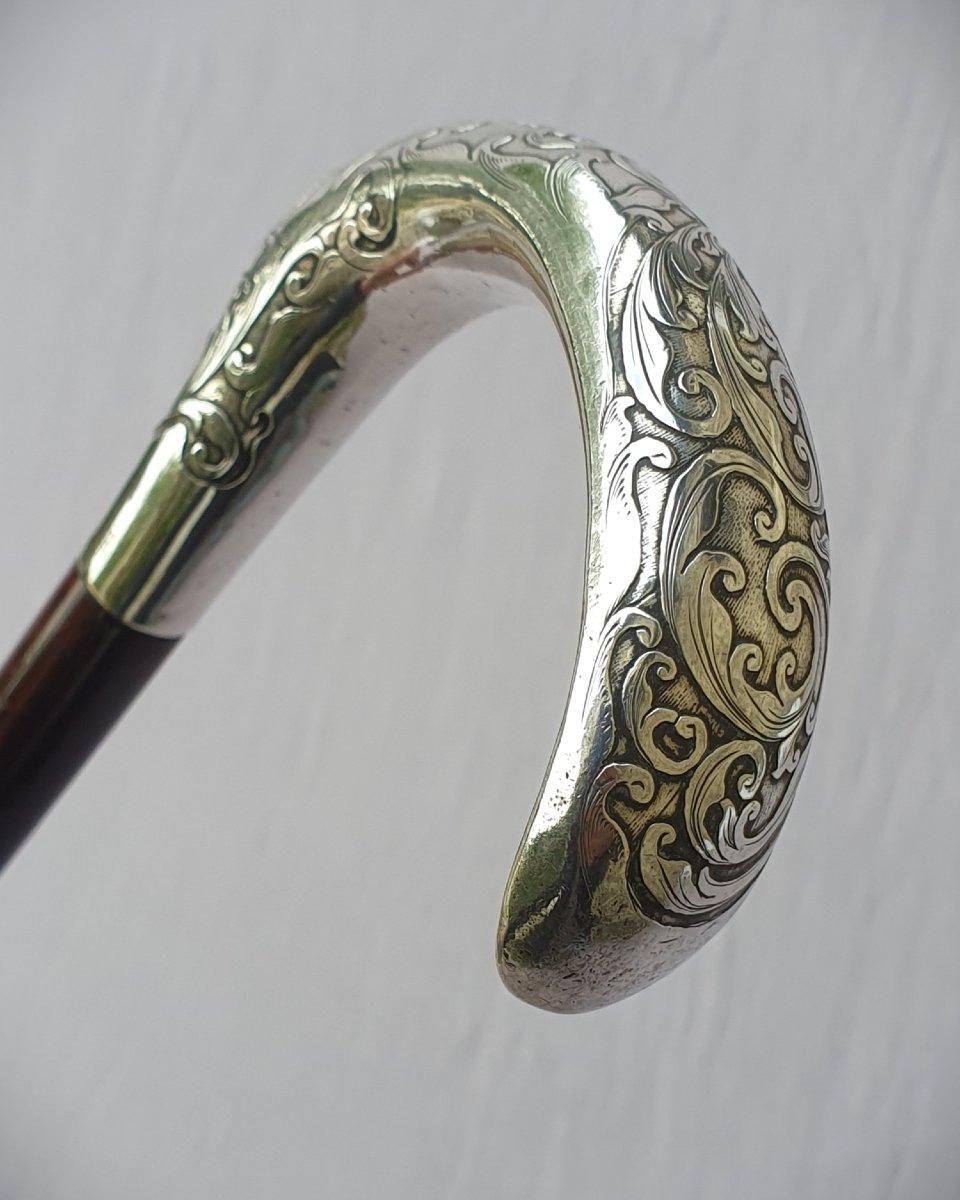 Art Nouveau Cane, Silver Corbin Knob, Shaft In Precious Amourette Wood-photo-2