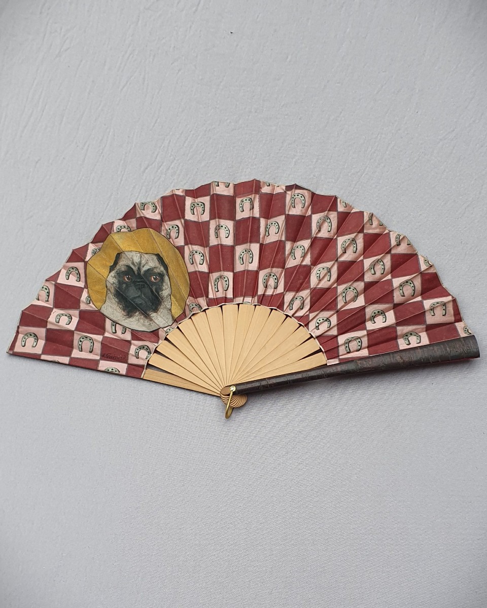 Duvelleroy Fan Signed H.guérard, Pug Dog And Horseshoes-photo-2
