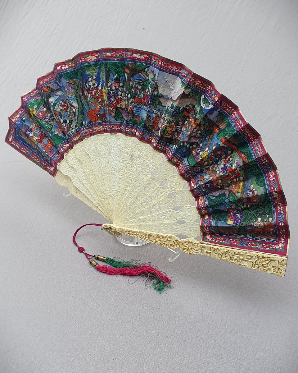 Canton Fan Known As “with A Thousand Faces”, In Its Box, 19th Century China-photo-2