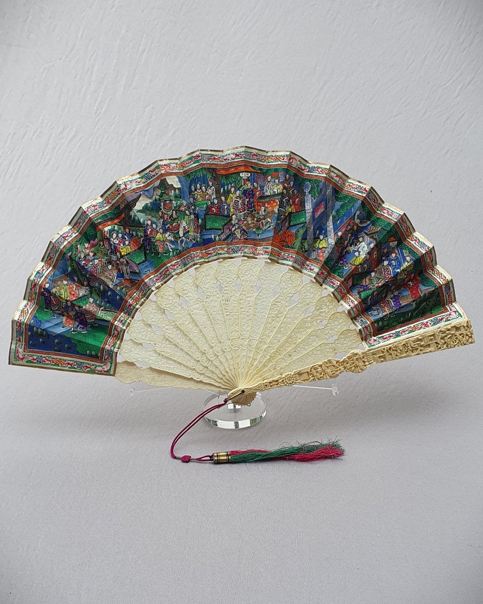 Canton Fan Known As “with A Thousand Faces”, In Its Box, 19th Century China-photo-3