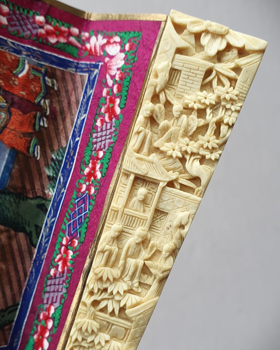 Canton Fan Known As “with A Thousand Faces”, In Its Box, 19th Century China-photo-2