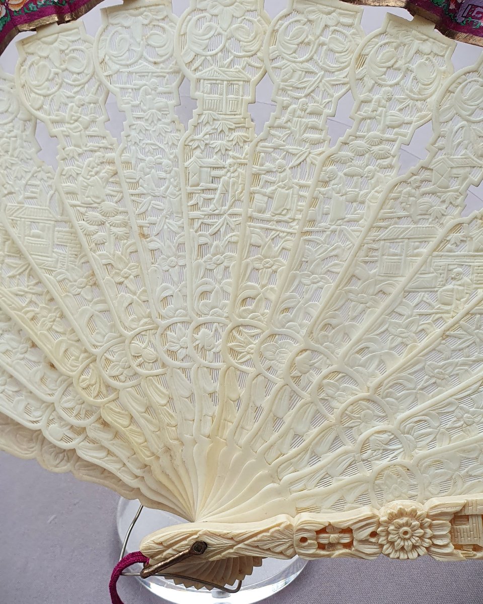Canton Fan Known As “with A Thousand Faces”, In Its Box, 19th Century China-photo-4