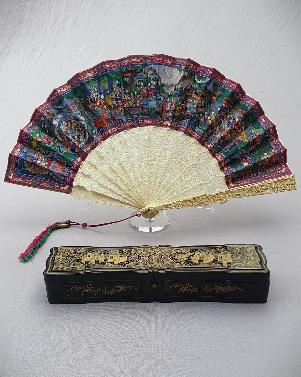 Canton Fan Known As “with A Thousand Faces”, In Its Box, 19th Century China