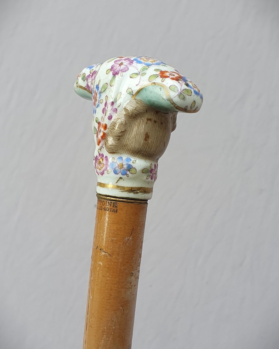 Canne ancienne de la maison Antoine Palais Royal Paris, pommeau porcelaine-photo-3