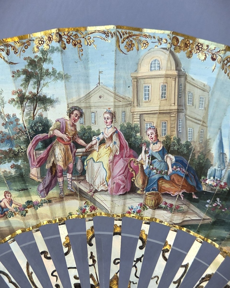 Eventail ancien, époque Louis XVI, gouache et nacre-photo-2