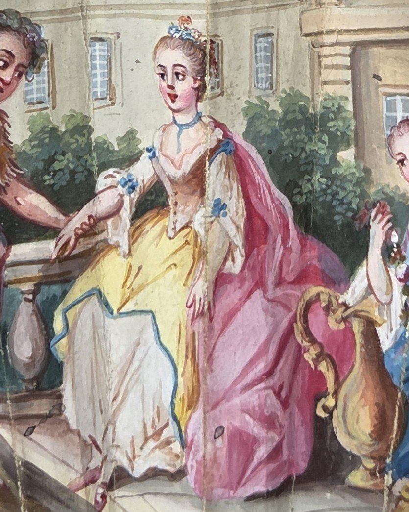Eventail ancien, époque Louis XVI, gouache et nacre-photo-3