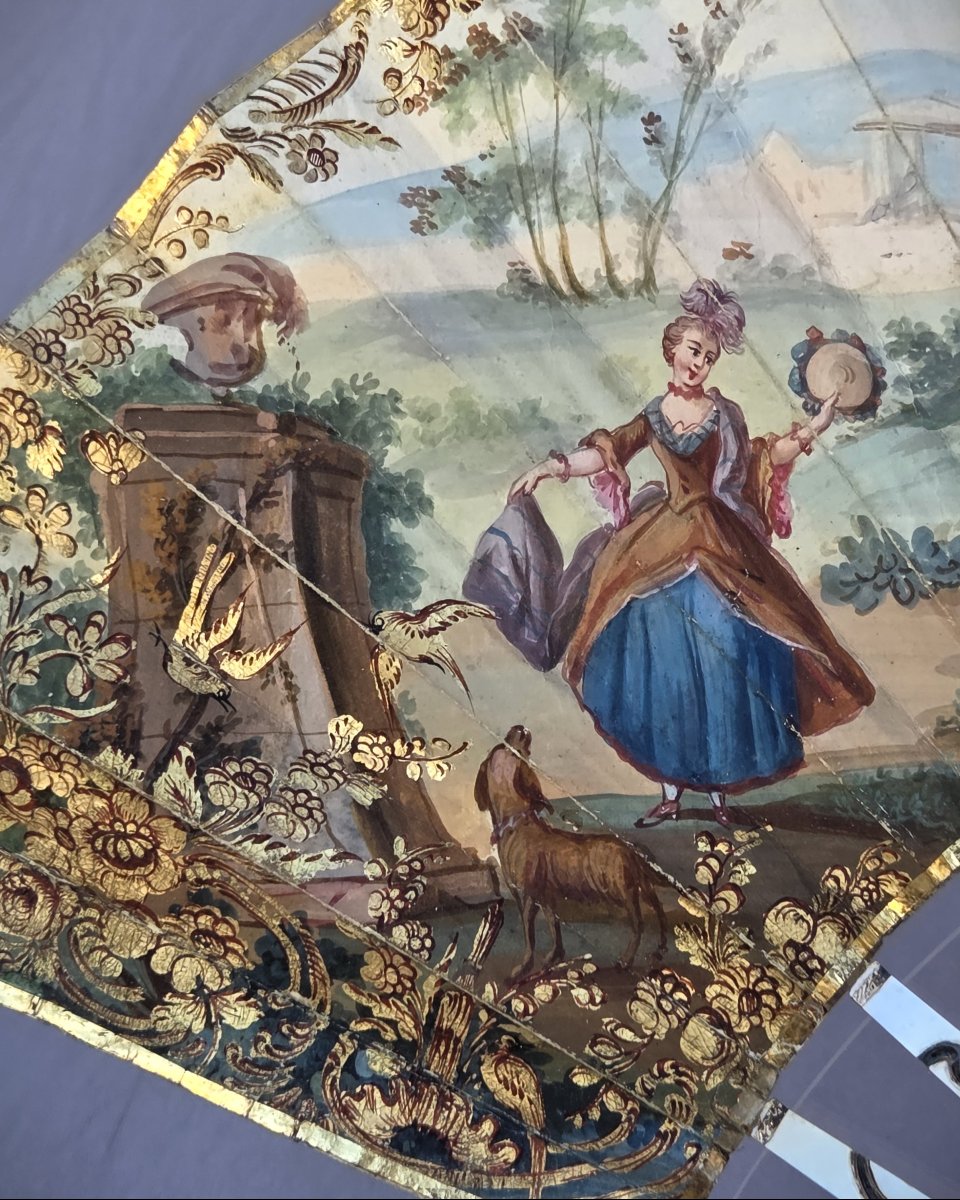 Eventail ancien, époque Louis XVI, gouache et nacre-photo-4