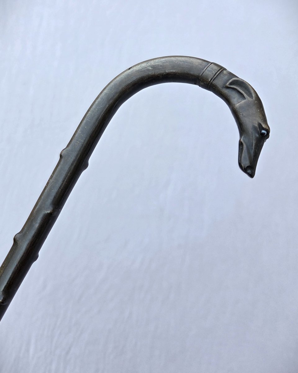 Canne en fanon de baleine, pommeau sculpté tête de chien lévrier, 19e siècle-photo-3