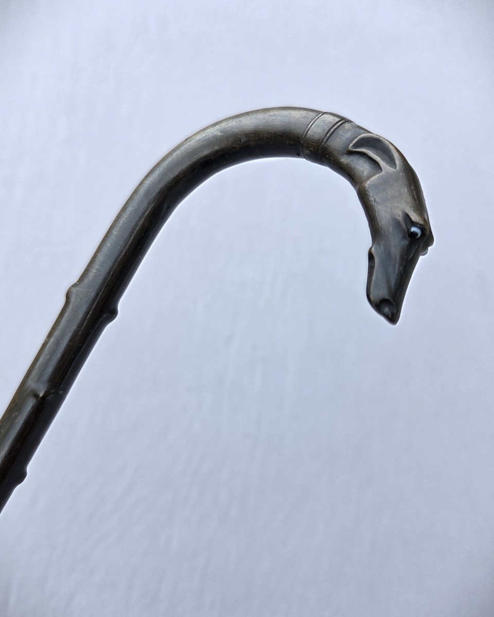 Canne en fanon de baleine, pommeau sculpté tête de chien lévrier, 19e siècle