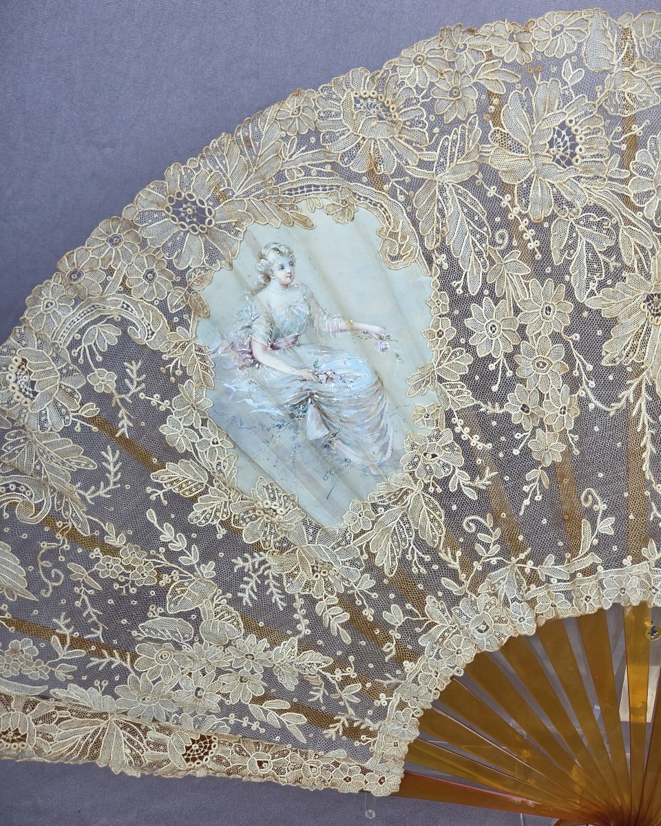 Antique Fan, Blonde Tortoiseshell, Needlepoint Lace, Gold Monogram M, Signed E. Guerard-photo-2