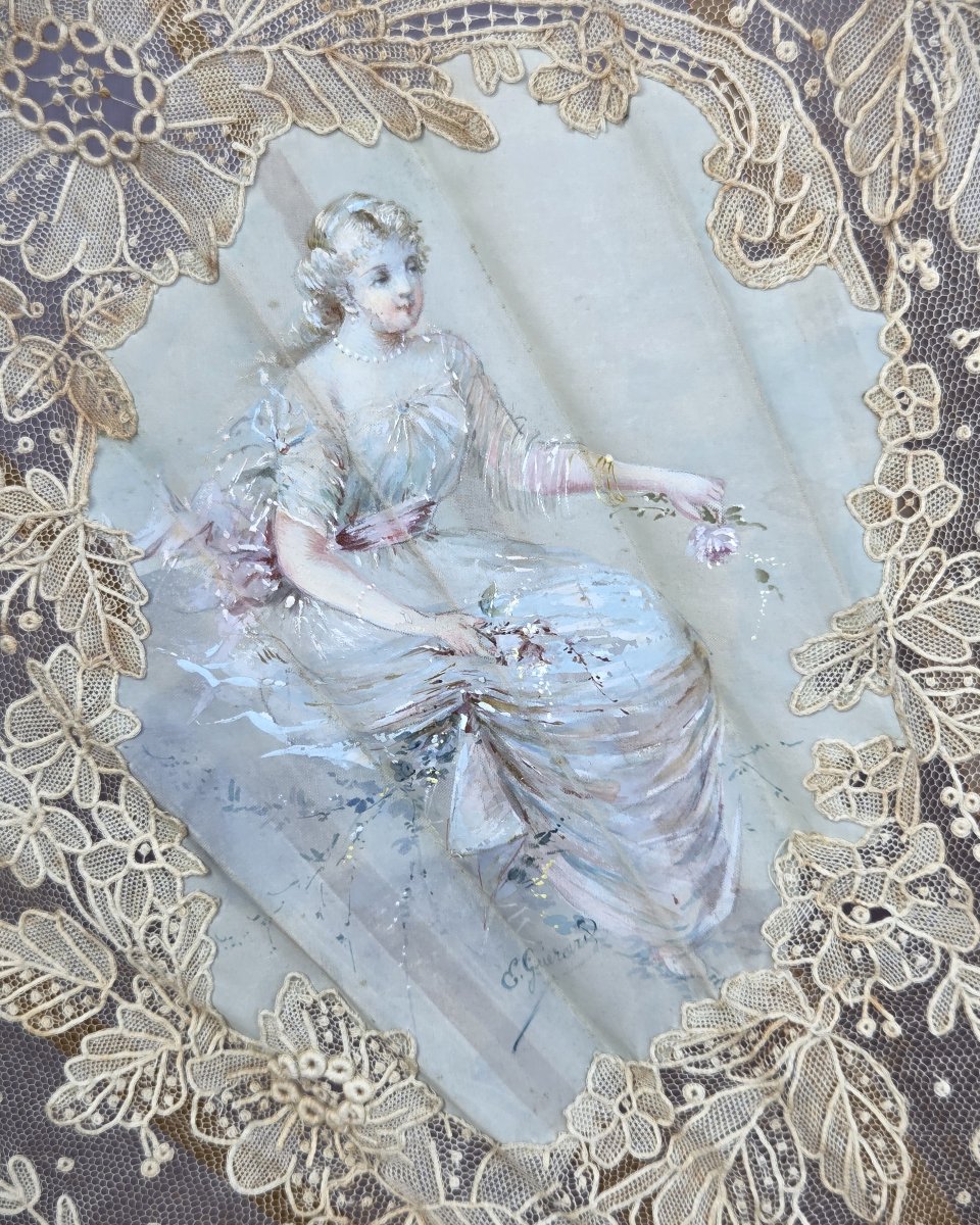 Antique Fan, Blonde Tortoiseshell, Needlepoint Lace, Gold Monogram M, Signed E. Guerard-photo-3