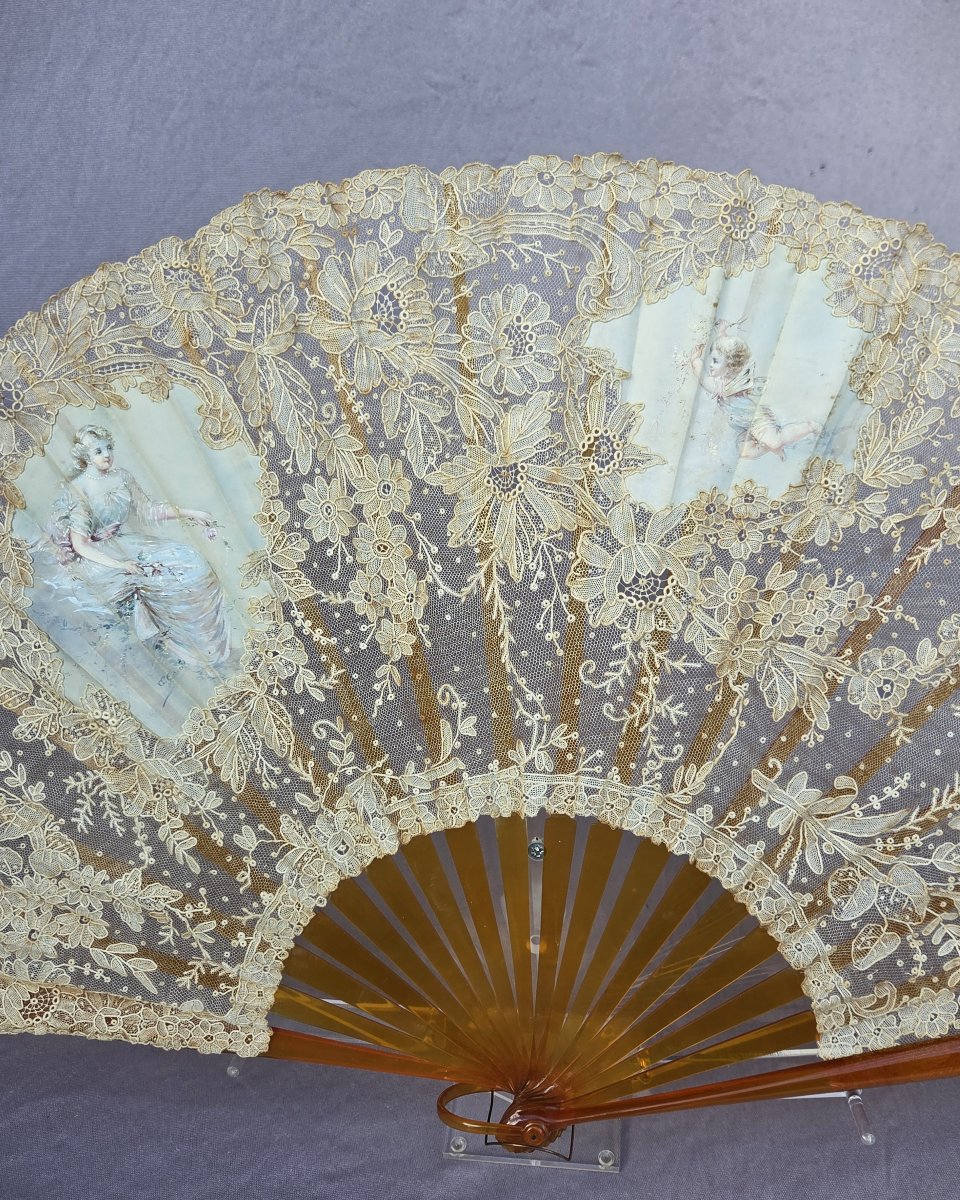 Antique Fan, Blonde Tortoiseshell, Needlepoint Lace, Gold Monogram M, Signed E. Guerard-photo-3