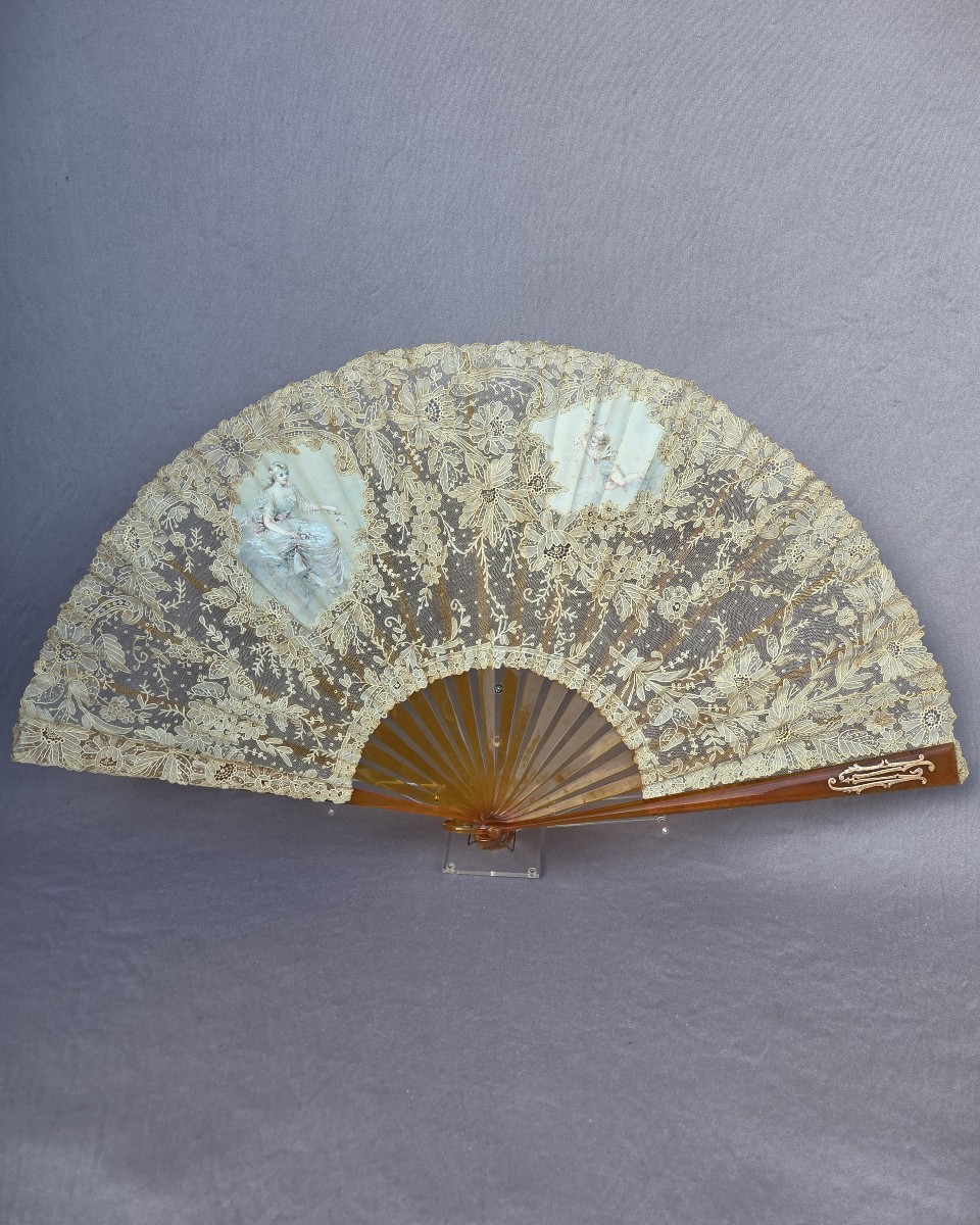 Antique Fan, Blonde Tortoiseshell, Needlepoint Lace, Gold Monogram M, Signed E. Guerard