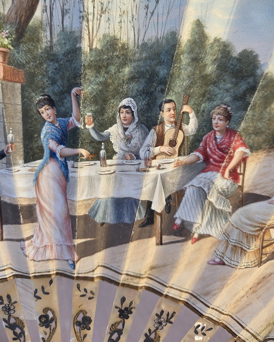 Antique Fan, Mother-of-pearl And Gouache On Leather, Spain, Dances, Flamenco, Bach Madrid-photo-4