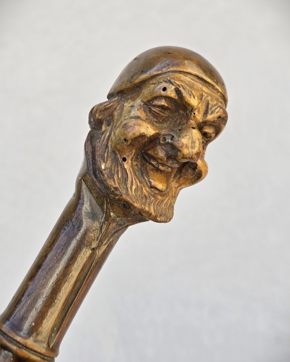 Folk Art Walking Stick With Carved Pommel, Late 19th Century, Monk And Umbrella-photo-2