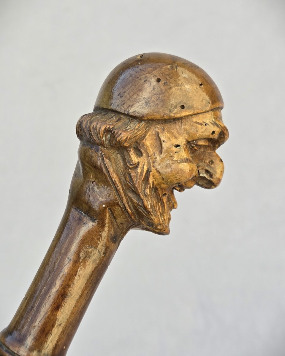 Folk Art Walking Stick With Carved Pommel, Late 19th Century, Monk And Umbrella-photo-3