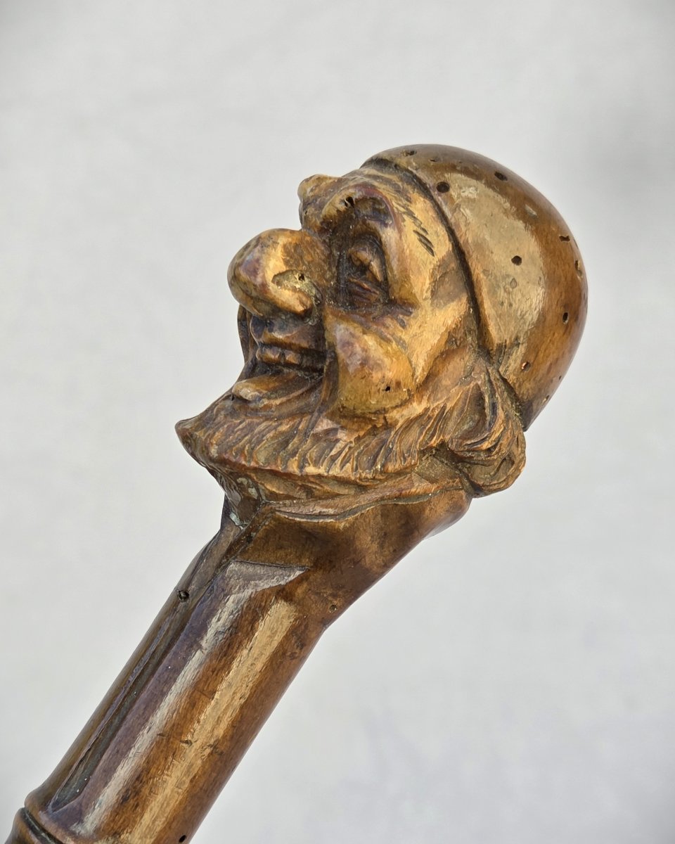 Folk Art Walking Stick With Carved Pommel, Late 19th Century, Monk And Umbrella-photo-1