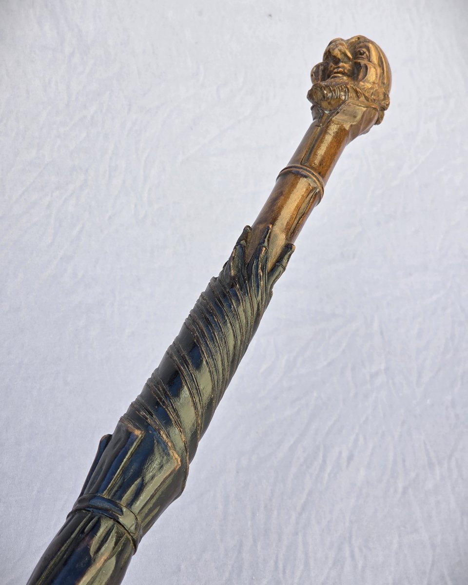 Folk Art Walking Stick With Carved Pommel, Late 19th Century, Monk And Umbrella-photo-3