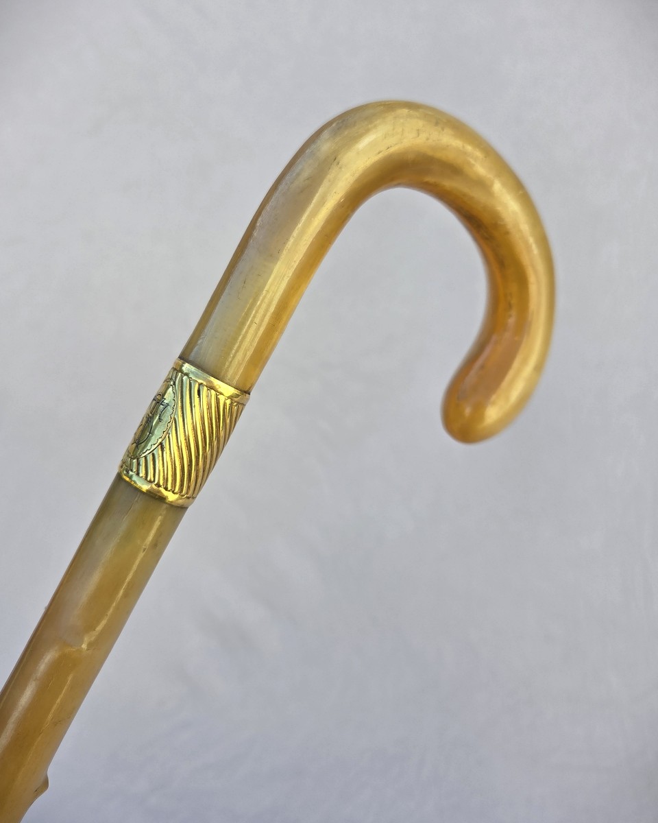 Canne ancienne en corne, bague en or 18 K, fin XIXᵉ siècle