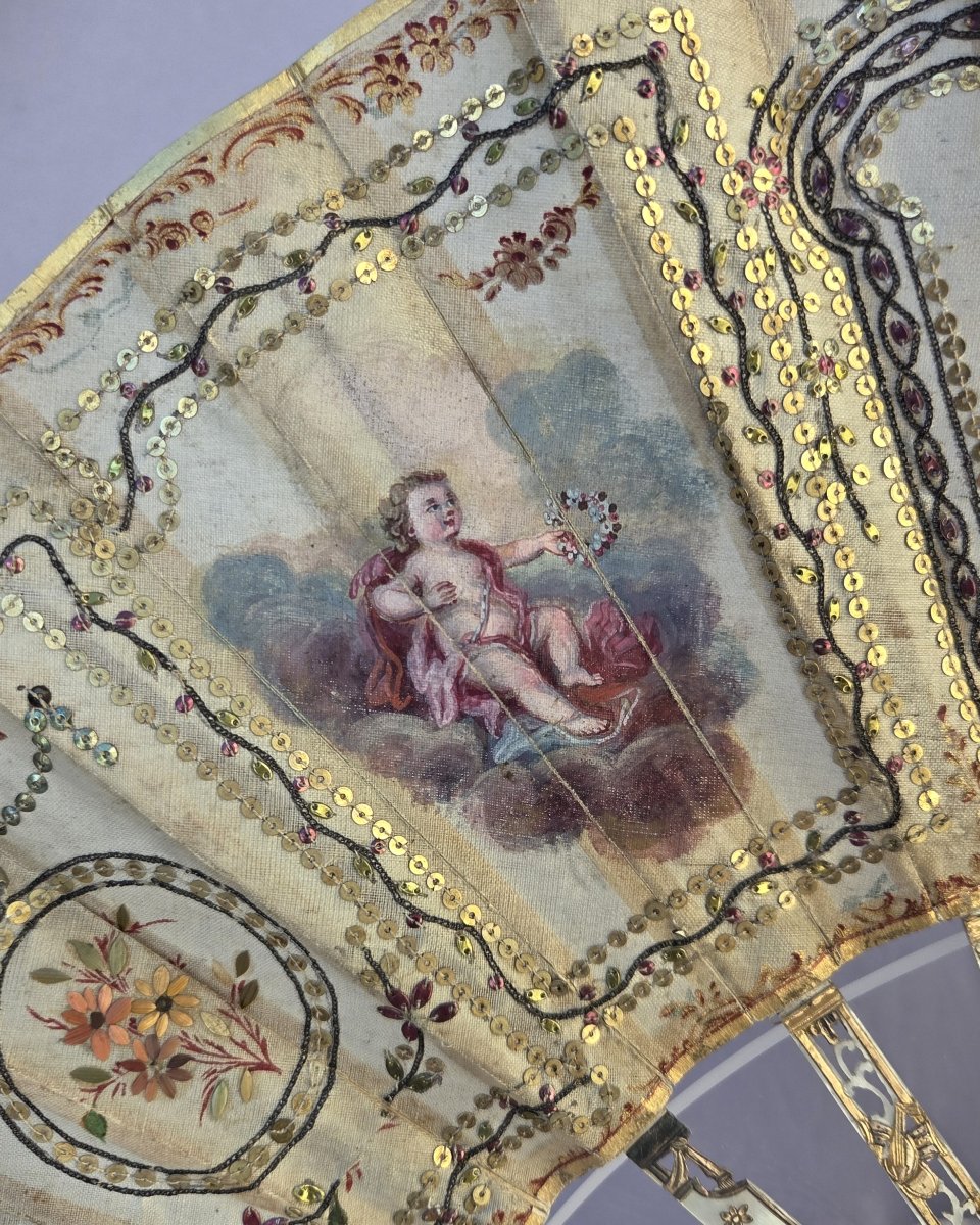 Louis XVI Period Fan, Gouache On Silk "the Presentation Of The Newborn"-photo-4