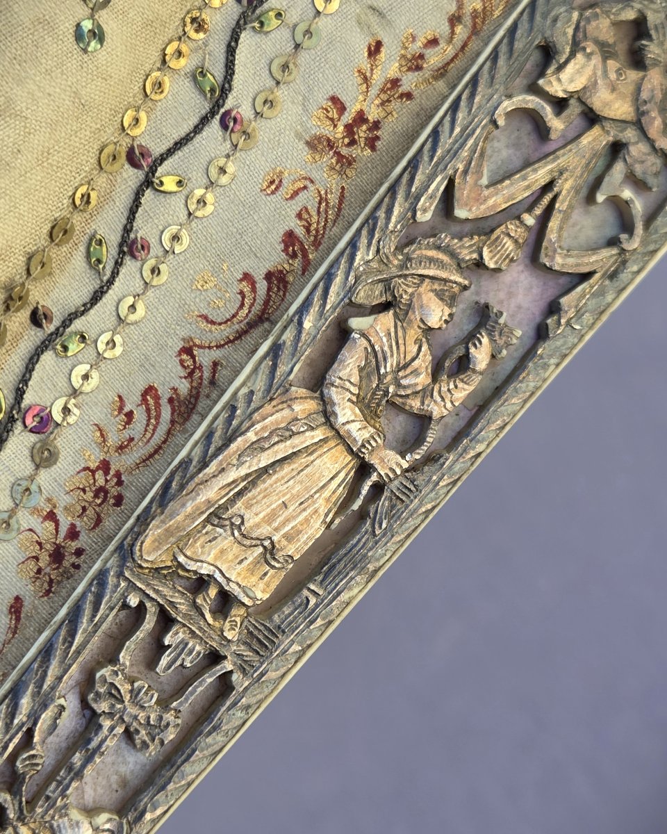 Louis XVI Period Fan, Gouache On Silk "the Presentation Of The Newborn"-photo-4