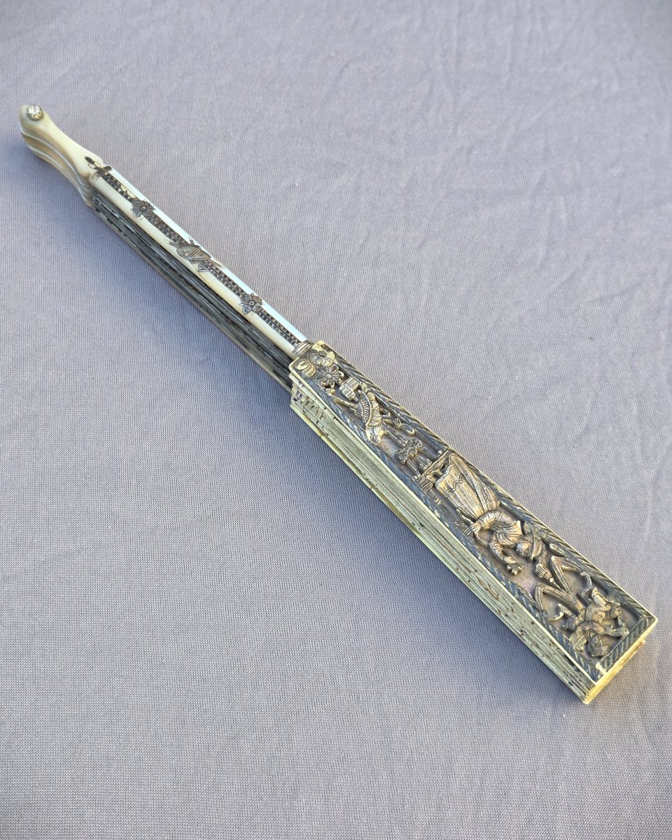 Louis XVI Period Fan, Gouache On Silk "the Presentation Of The Newborn"-photo-5