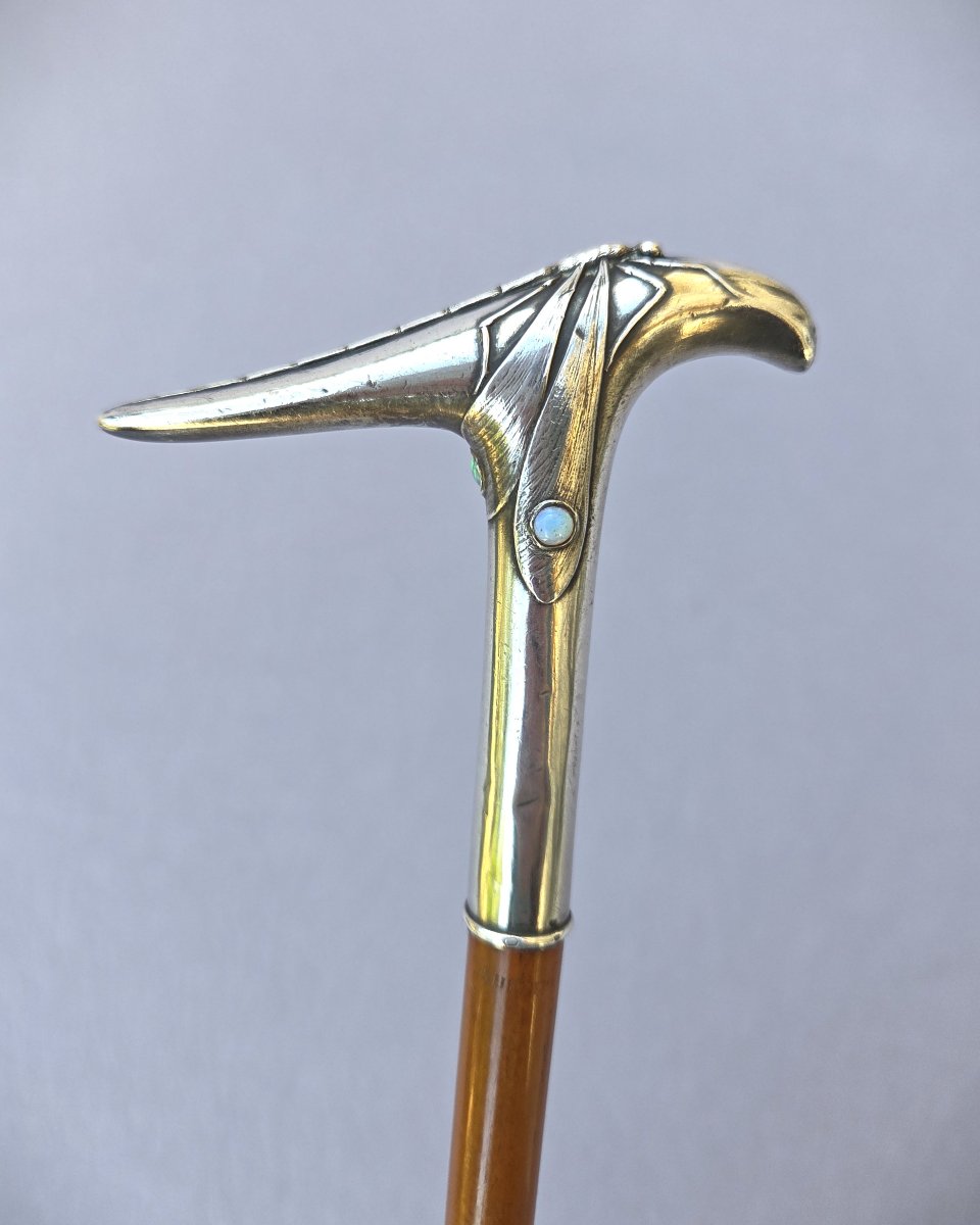 Canne ancienne, Badine Art Nouveau pommeau libellule en argent et opales-photo-2