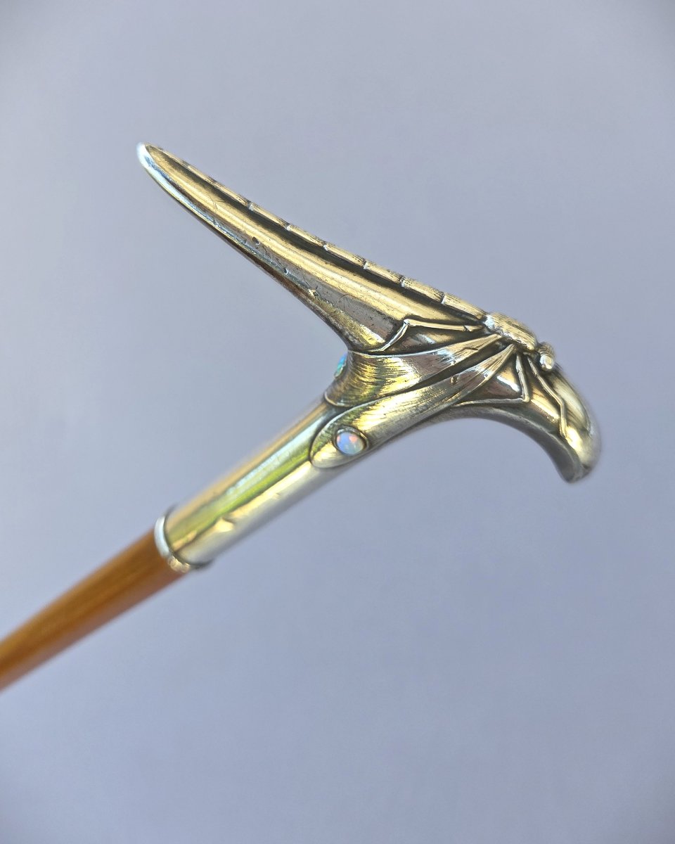 Canne ancienne, Badine Art Nouveau pommeau libellule en argent et opales-photo-4