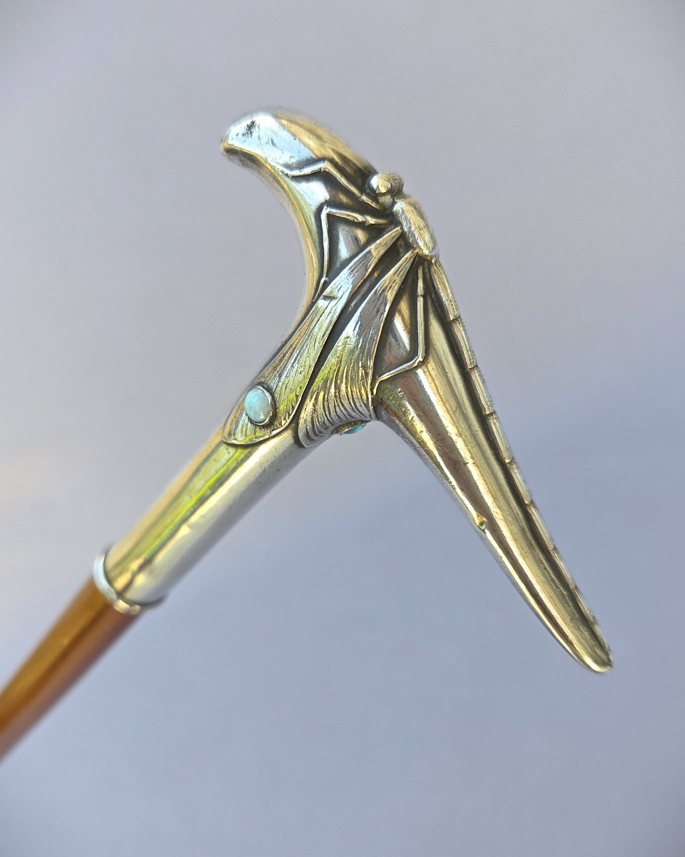 Canne ancienne, Badine Art Nouveau pommeau libellule en argent et opales