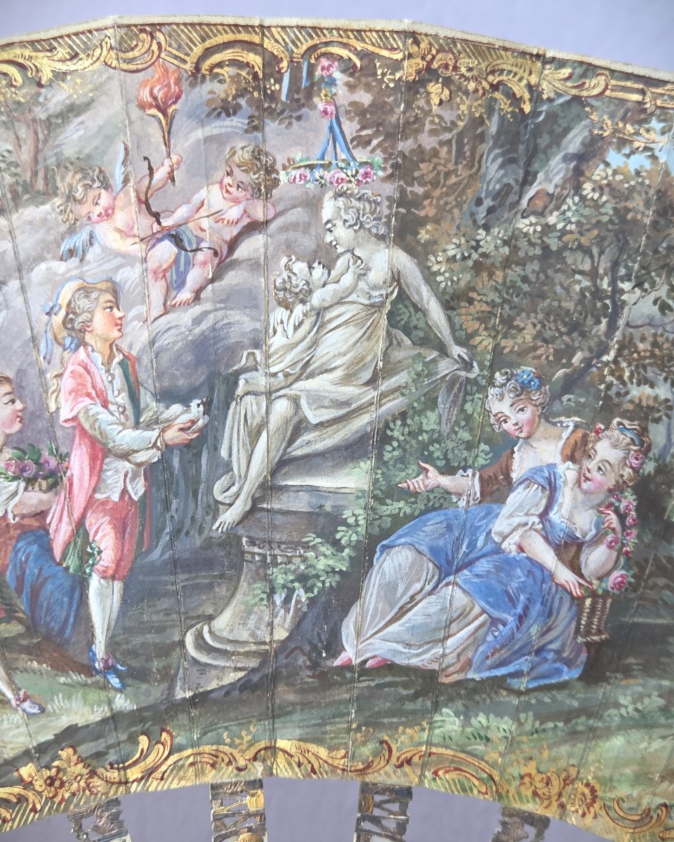 Eventail ancien, époque Louis XVI, nacre et gouache sur peau-photo-4
