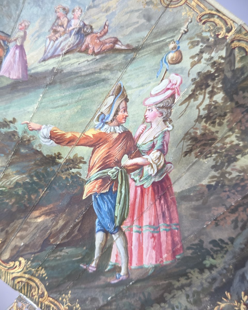 Eventail ancien, époque Louis XVI, nacre et gouache sur peau-photo-4