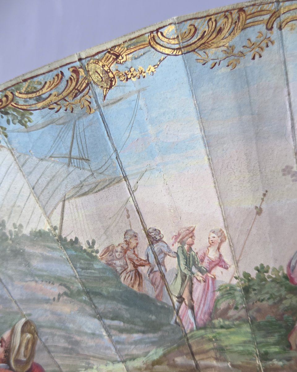 Eventail ancien, époque Louis XVI, nacre et gouache sur peau-photo-6