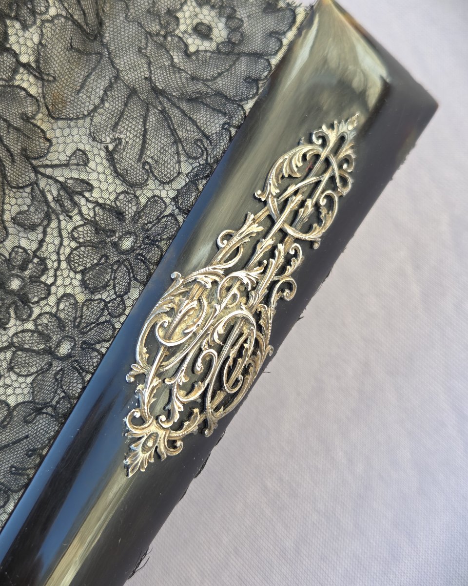 Tortoiseshell And Lace Fan, Silver Figure, 19th Century-photo-3