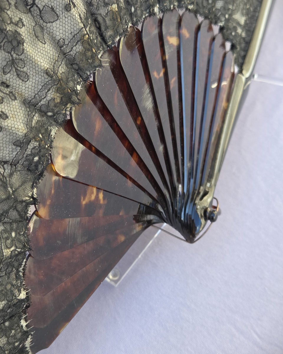 Tortoiseshell And Lace Fan, Silver Figure, 19th Century-photo-1